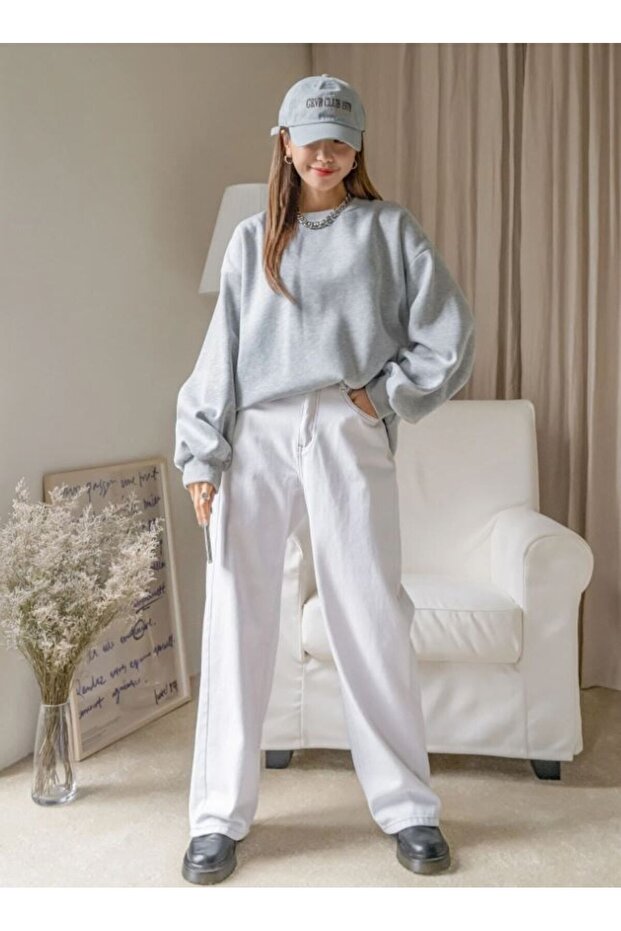 Gri Kalın Sweatshirt - Oversize Şardonlu Bisiklet Yaka - 6