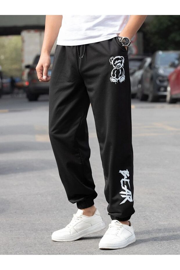 Bear Eşofman Altı Jogger - Siyah Baskılı Lastik Paça Yüksek Bel - 4