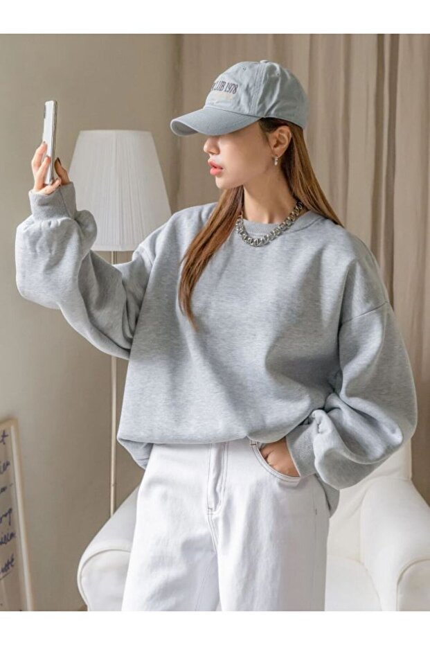 Gri Kalın Sweatshirt - Oversize Şardonlu Bisiklet Yaka - 5