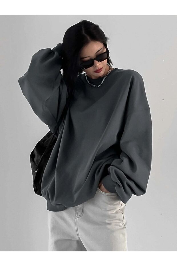 Füme Kalın Sweatshirt - Oversize Şardonlu Bisiklet Yaka - 4