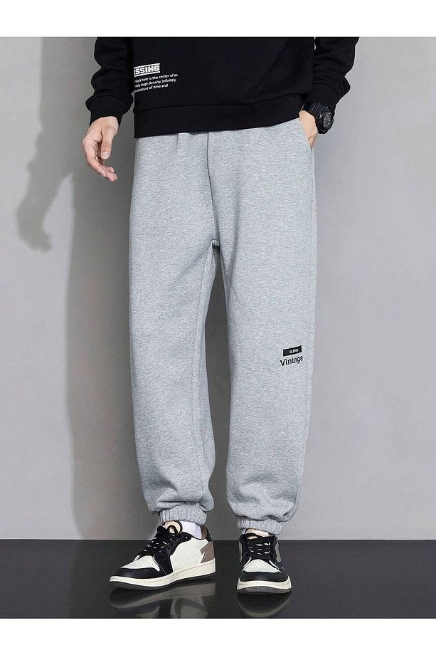 Clever Vintage Eşofman Altı Jogger - Gri Baskılı Lastik Paça Yüksek Bel Kışlık - 1