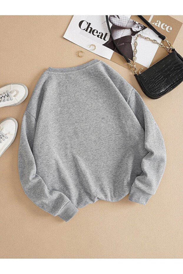 Basic Plain Sweatshirt - Gray Oversized Ruffled Crew Neck - 2