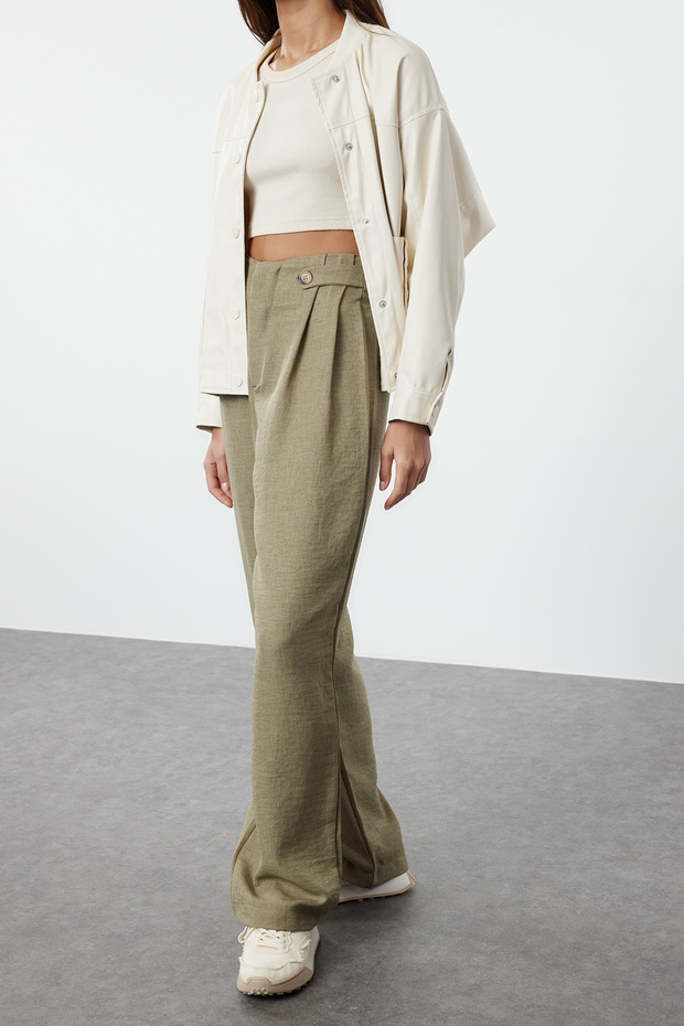 Haki Bel Detaylı Wide Leg/Geniş Paça Dokuma Pantolon TEDAW25PL00000 - 2