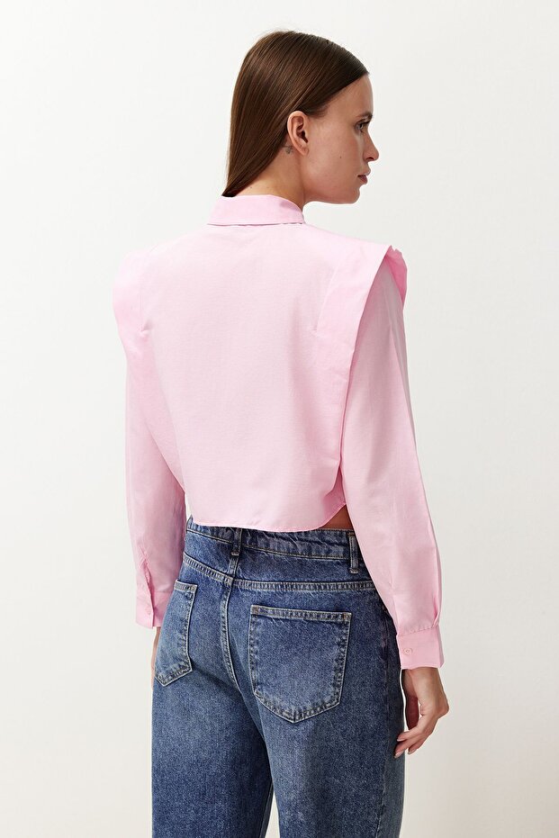 Pembe Kolları Vatkalı Taşlı Crop Dokuma Gömlek TWOSS24GO00041 - 6