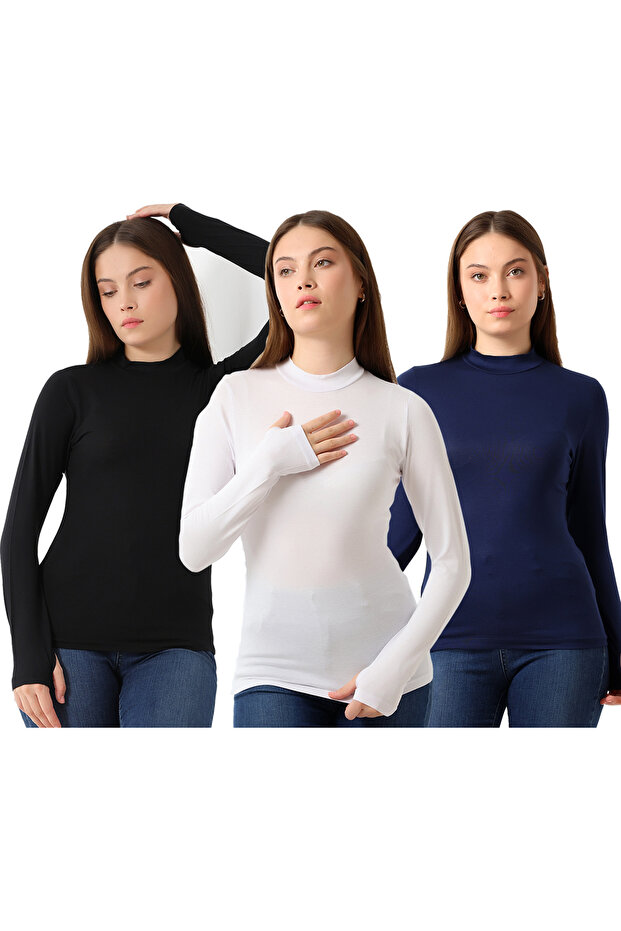 Women's 3-Pack Finger Detailed Bodysuit 31756 Black-White-Dark Blue