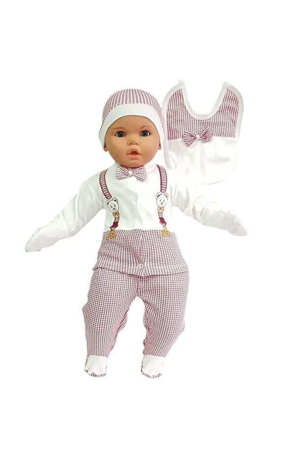 Red 5-Piece Baby Boy Hospital Discharge Set with Teddy Bear Strap and Bow Tie
