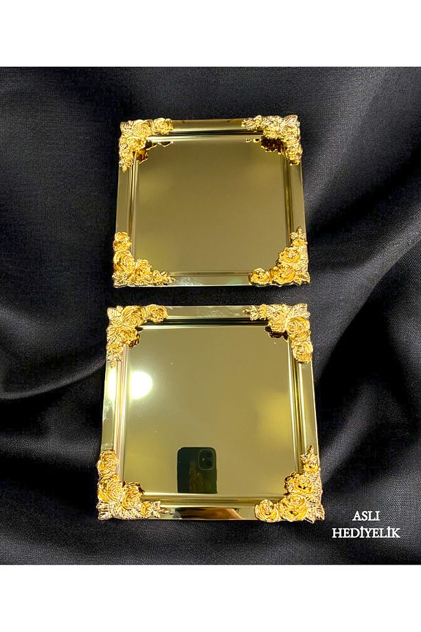 2'Li Lüx  4 köşesi Çiçekli GOLD Kare  Kaplama Model çay,kahve,ikram servis Sunum Tepsisi 21x21 - 2