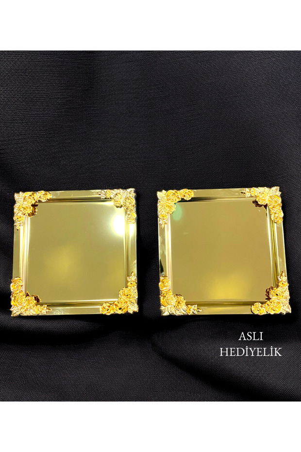 2'Li Lüx  4 köşesi Çiçekli GOLD Kare  Kaplama Model çay,kahve,ikram servis Sunum Tepsisi 21x21 - 3