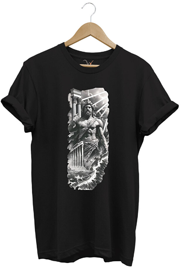 Greek Mythology Parthenon Zeus Printed Minimal Regular Fit 100% Cotton Black T-Shirt
