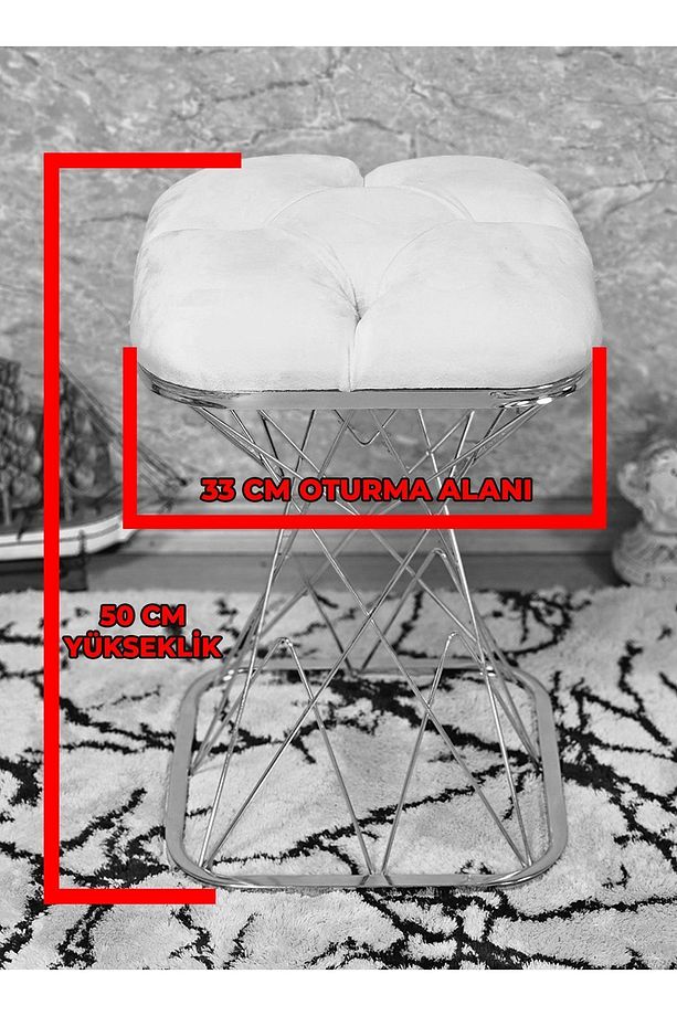 Kare Gold Kaplama Krem Puf Oturak - Bench - Ayak Ucu Oturak - Tabure - Makyaj Oturak - 5