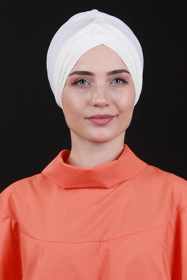 Çapraz 3 Bantlı Çift Taraflı Dış Bone Hazır Türban Ekru - 1