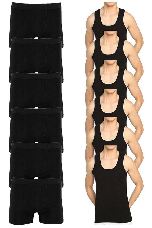 Ekonomik 12'li Paket Erkek Iç Çamaşır Seti 6 Siyah Atlet 6 Adet Siyah Boxer - 1