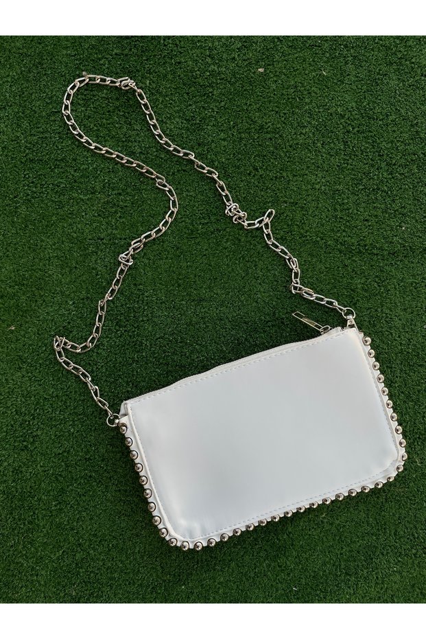 Women's White Studded Crisscross Straps - Bag , Detailed , Faux Leather Crisscross Straps