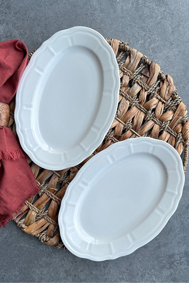 Perla Cream Premium Porcelain Presentation Boat Plate Set - 2 Pieces, 25 cm Medium Size