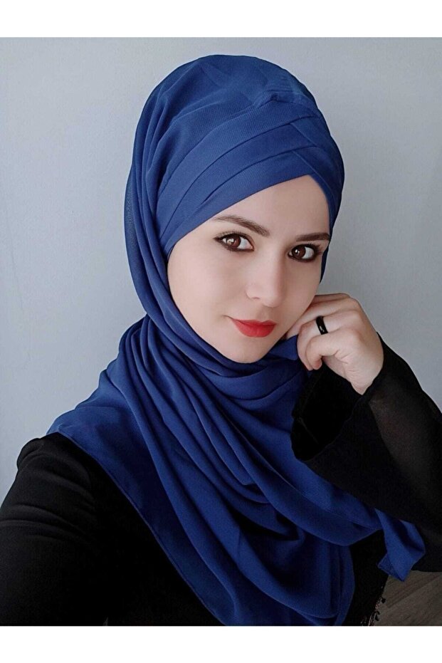 شال نسائي حجاب ثلاثي الخطوط باللون الأزرق