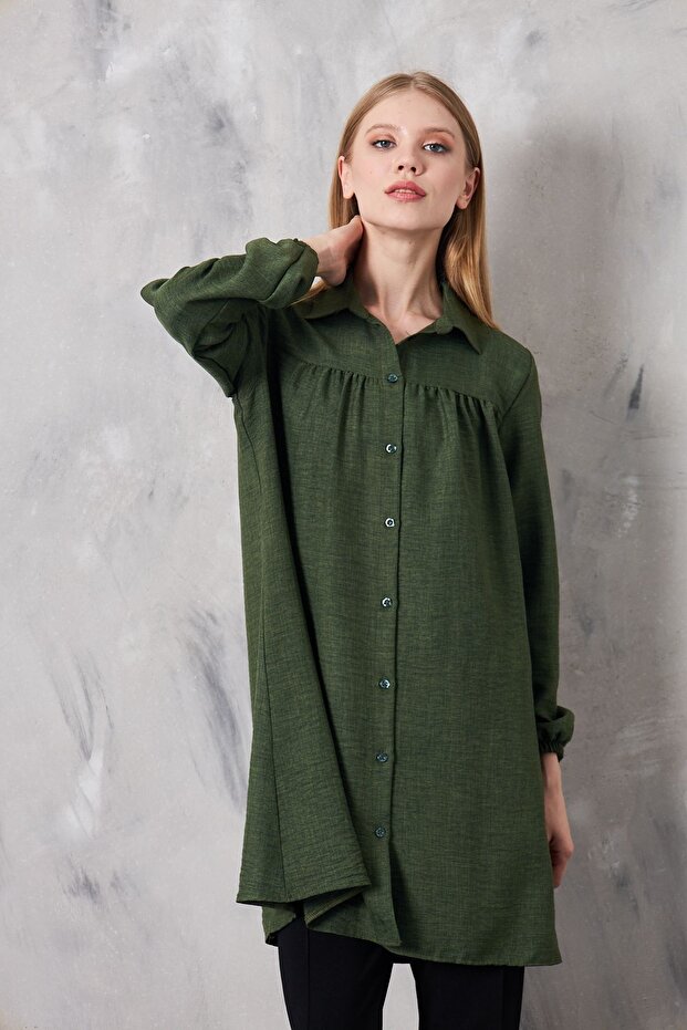 Women's Imported Linen Tunic Shirt with Gathered Front and Elastic Sleeves