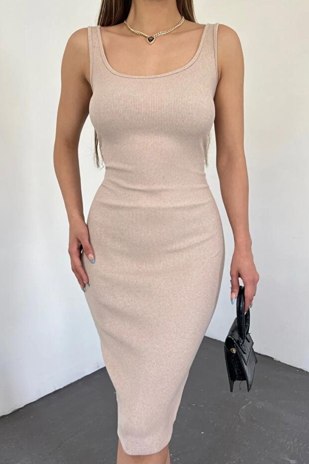 Stone Color Square Collar Sleeveless Thick Strap Short Women's Dress