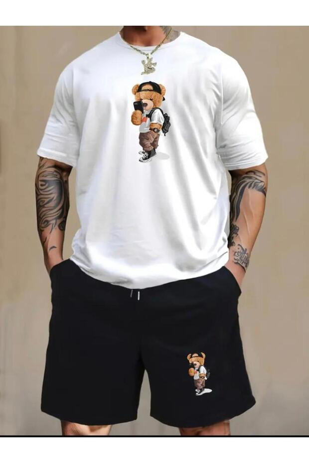 طقم شورت رجالي بنقشة الدب الأبيض - 1
