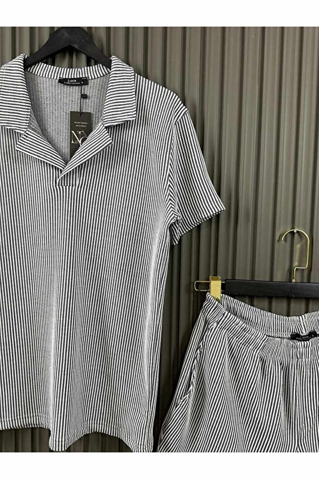 Men's Navy Blue Striped Collar Tshirt Double Pocket Shorts Set