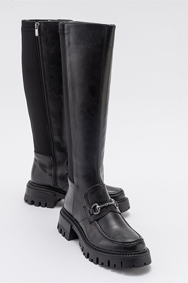 CHAPEL Black Leather Buckle Stretch Detailed Women's Boots