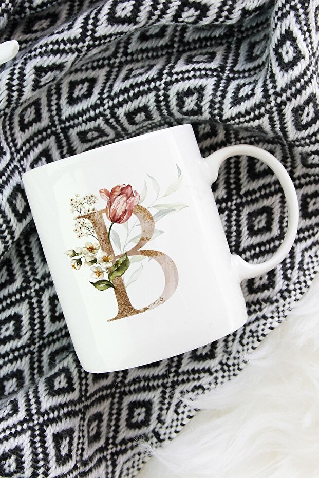 Letter B Printed Floral Patterned Decorative Initial Printed Mug Cup - B Letter Coffee Cup