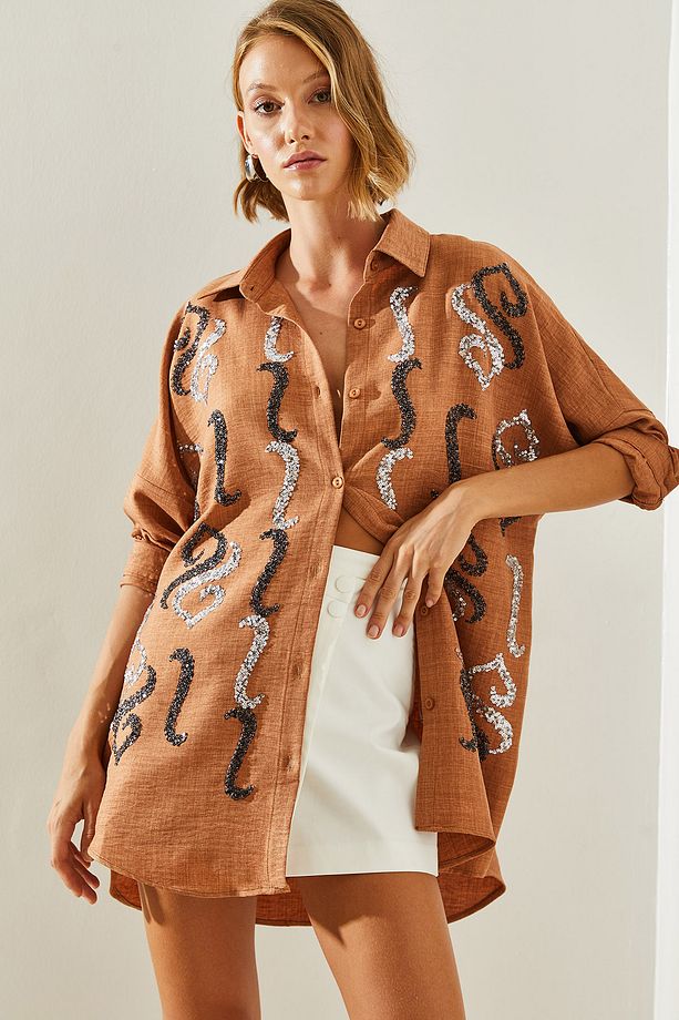 Kadın İşlemeli Taşlı Oversize Gömlek 60251032 - 5