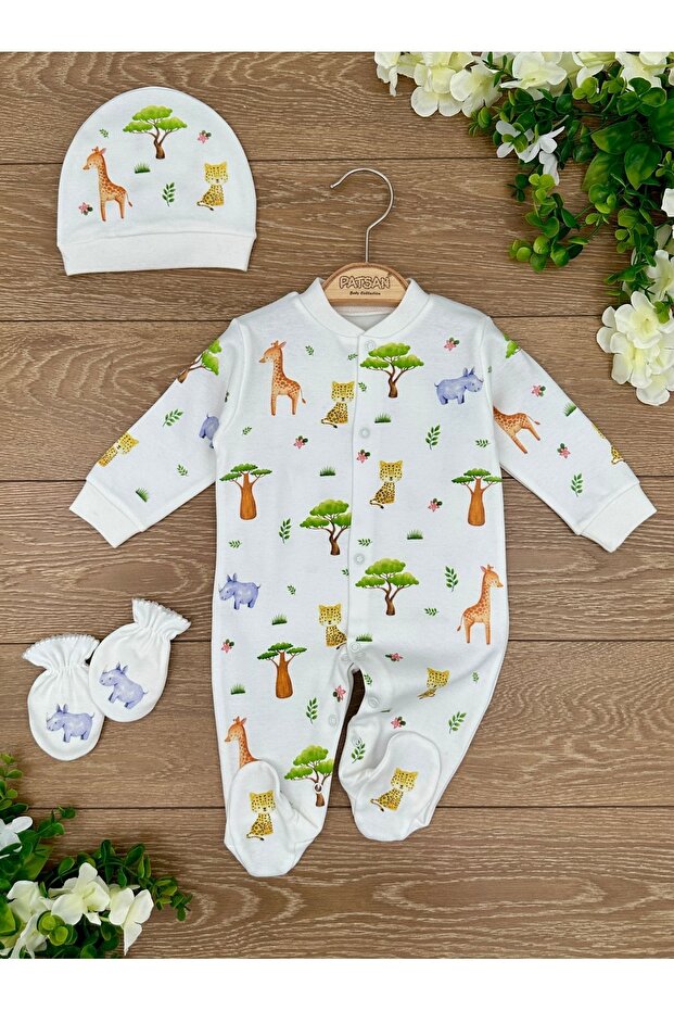 Organic Cotton 3-Piece Baby Rompers Set with Gloves, Hat and Booties Amazon Giraffe Leopard Rhino