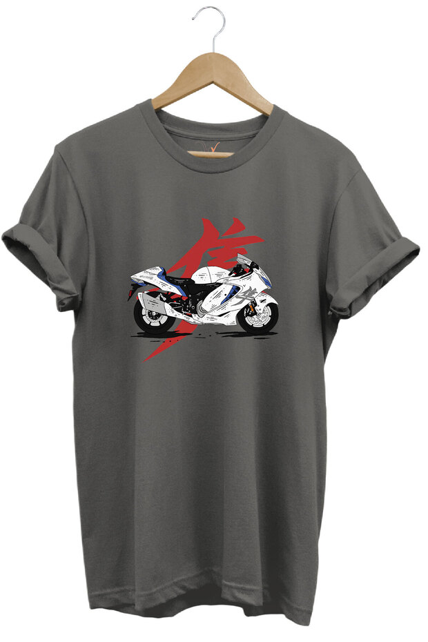 Racing Motorcycle Japanese Motor and Text Printed Stylish Regular Fit 100% Cotton Gray T-Shirt