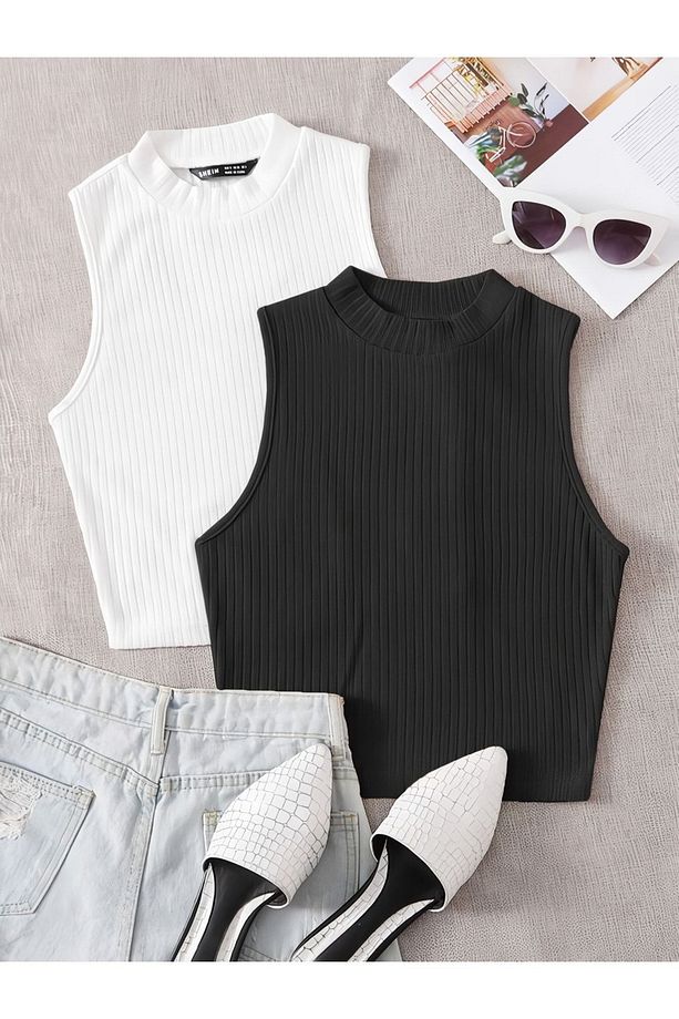 Kadın 2 lİ Adet Fitilli %100 PAMUKLU Örme Kaşkorse Crop Bluz ATlet - 1