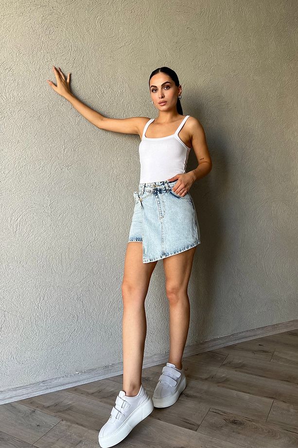Mavi Kar Yıkama Kot Şort Etek - 2