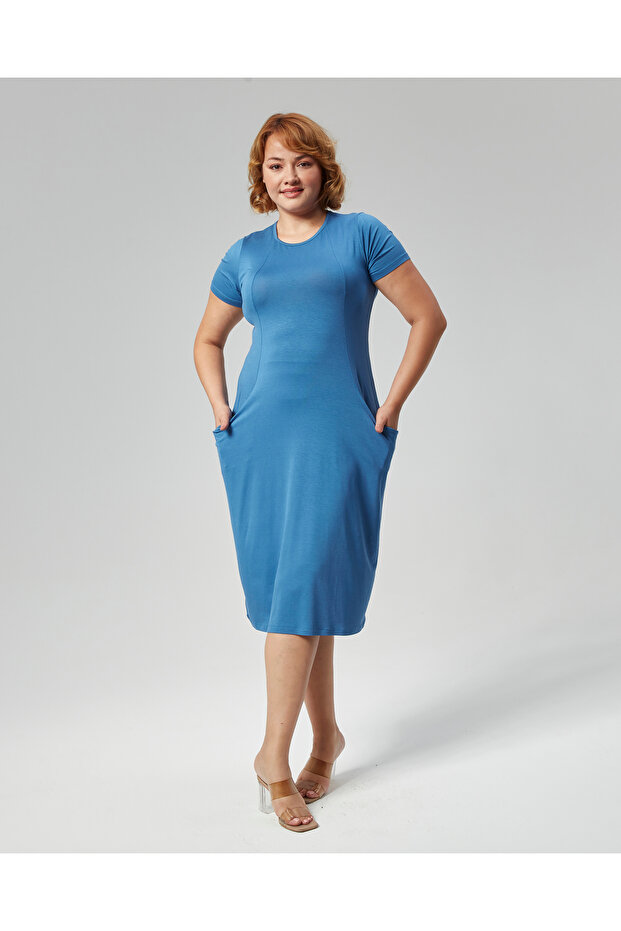 Women's Blue Dress with Short Sleeves Pockets