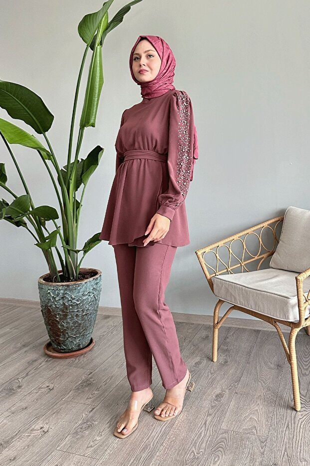 Sleeve Pearl Waist Gathered Dusty Rose Set