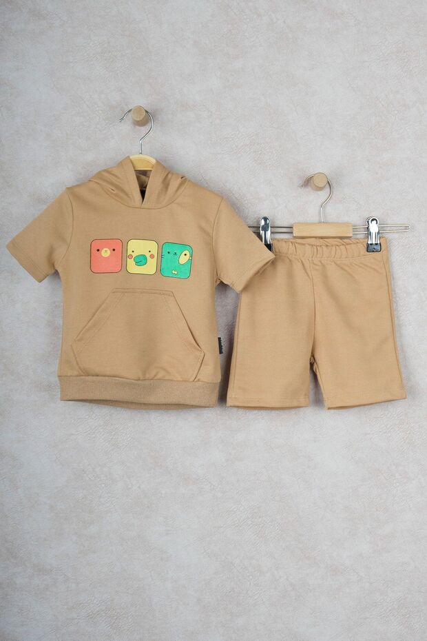 Smiling Face Hooded Children's Double Set with Kangaroo Pocket Shorts