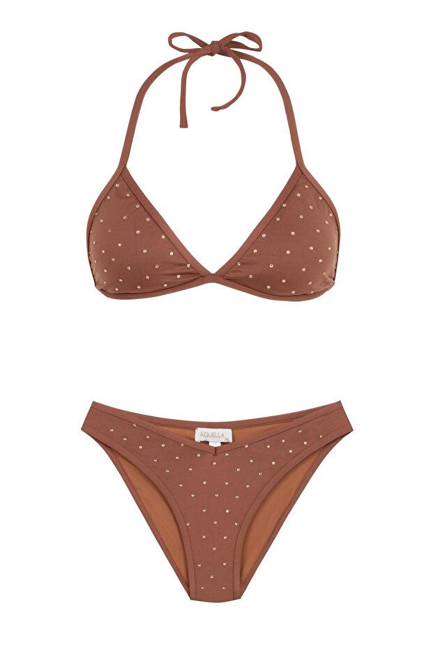 Brown Triangle Bikini Set with Shiny Stones