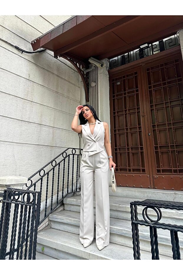 Aszimmetrikus szabású női mellény és Palazzo nadrág szett - 6