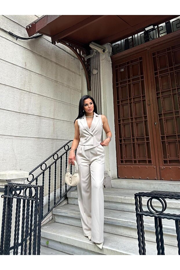 Aszimmetrikus szabású női mellény és Palazzo nadrág szett - 5