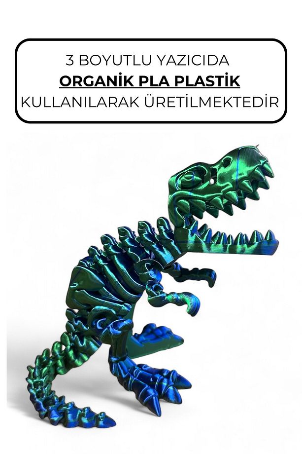 Sevimli İskelet Trex - Hareketli Organik Oyuncak - 3D Baskı - Dinazor-Mavi-Yeşil - 6