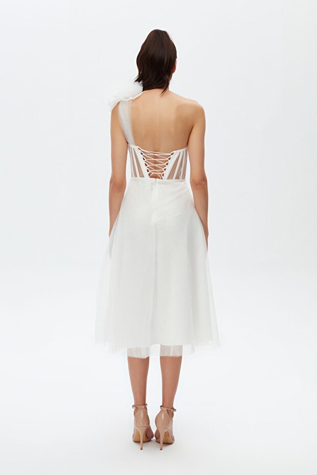 Drape Detaylı Tül Korse Görünümlü Midi Elbise - 5