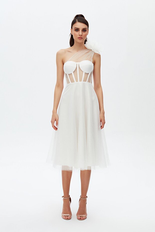 Drape Detaylı Tül Korse Görünümlü Midi Elbise - 2