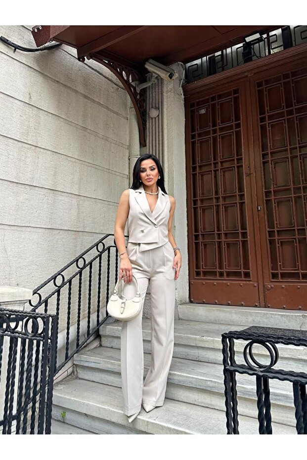 Aszimmetrikus szabású női mellény és Palazzo nadrág szett - 1