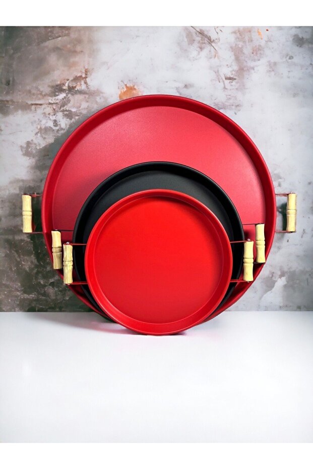 3-Piece (51, 37, 30 CM) Wooden-Handled Metal Tray Tea Tray Coffee Tray Serving Tray Set