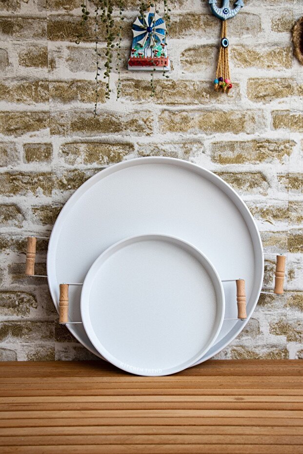 2-Piece Wooden Handle 45 cm White Tray and 30 cm White Tray Tea Coffee Presentation Tray
