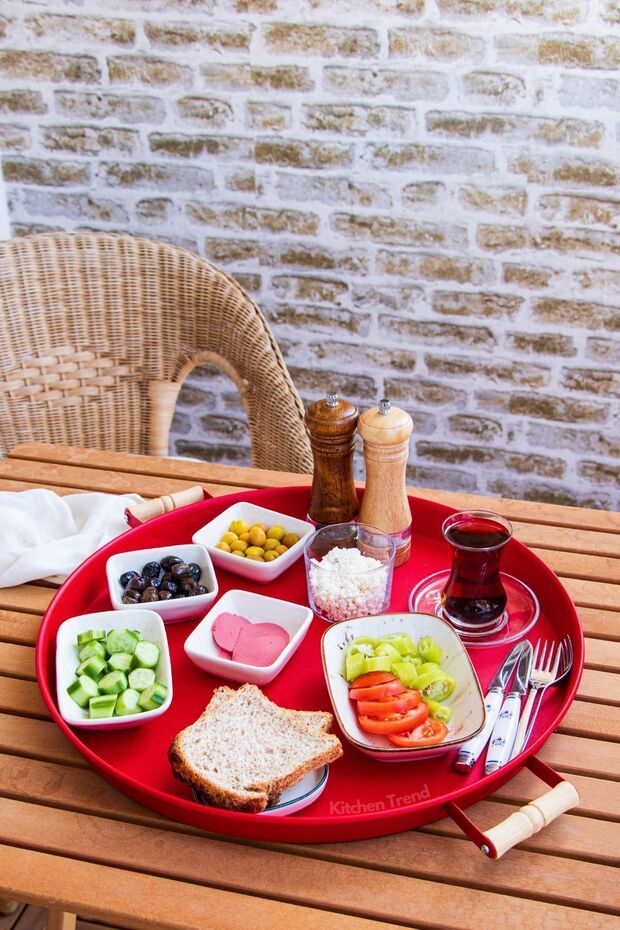 Metal 45 Cm Red Round Tray with Wooden Handles, Breakfast Tray, Presentation Tray