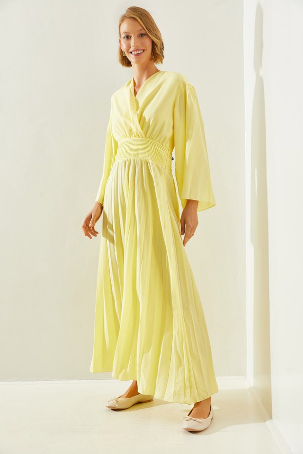 Women's Yellow Double-Breasted Collar Pleated Skirt and Sleeve Detailed Chiffon Dress 2371 60251633