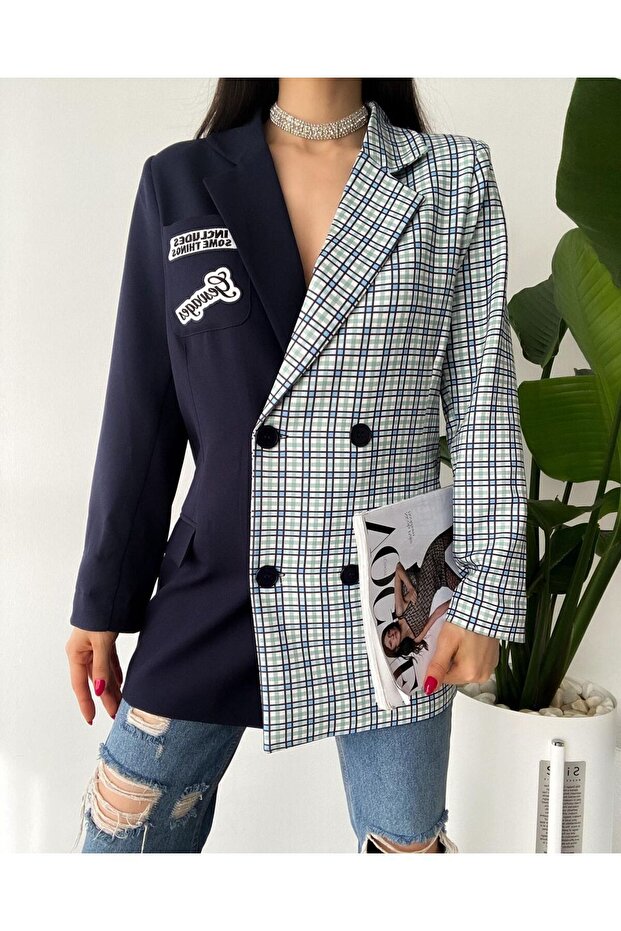 Navy Blue Plaid Patterned Design Premium Women's Jacket