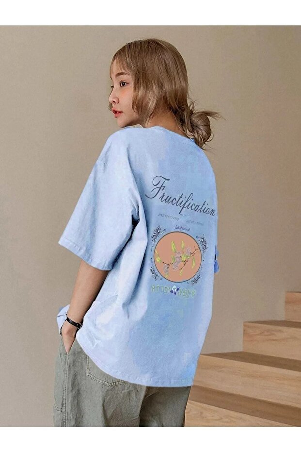 Fructification T-Shirt - Baby Blue Printed Crew Neck Short Sleeve Loose