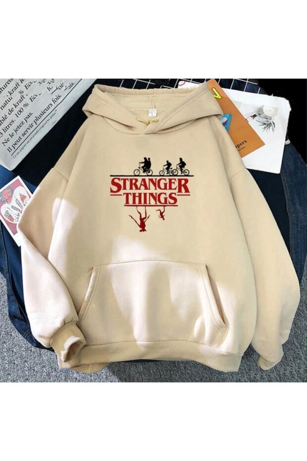 Stranger Things Sweatshirt - Bej Baskılı Oversize Şardonlu Kapüşonlu - 1