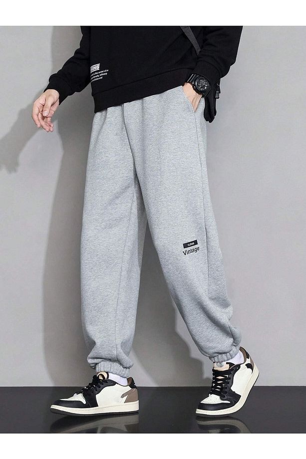 Clever Vintage Eşofman Altı Jogger - Gri Baskılı Lastik Paça Yüksek Bel Kışlık - 4