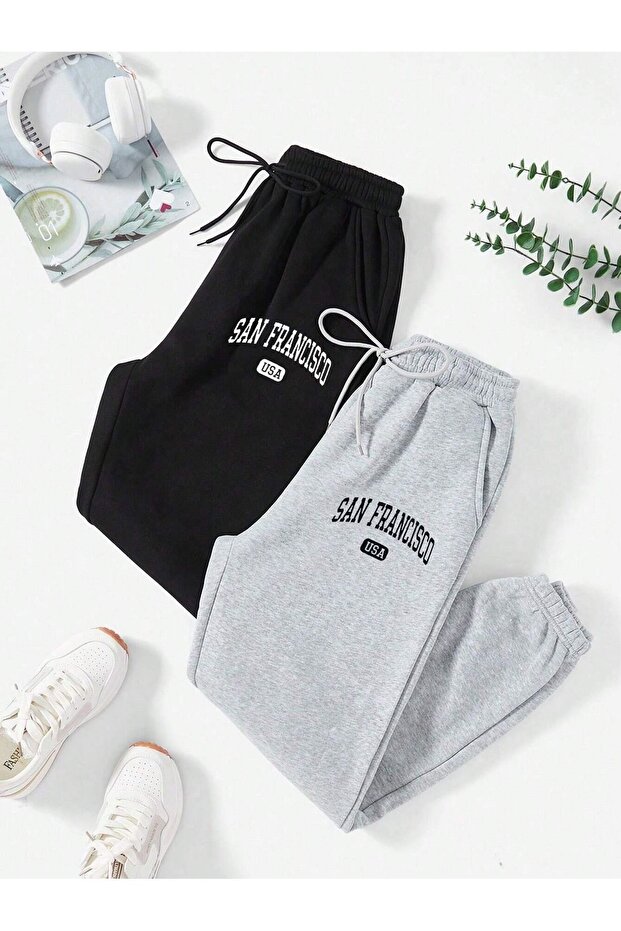 2-Piece San Francisco Sweatpants Jogger - Black Gray Printed High Waist Elastic Leg