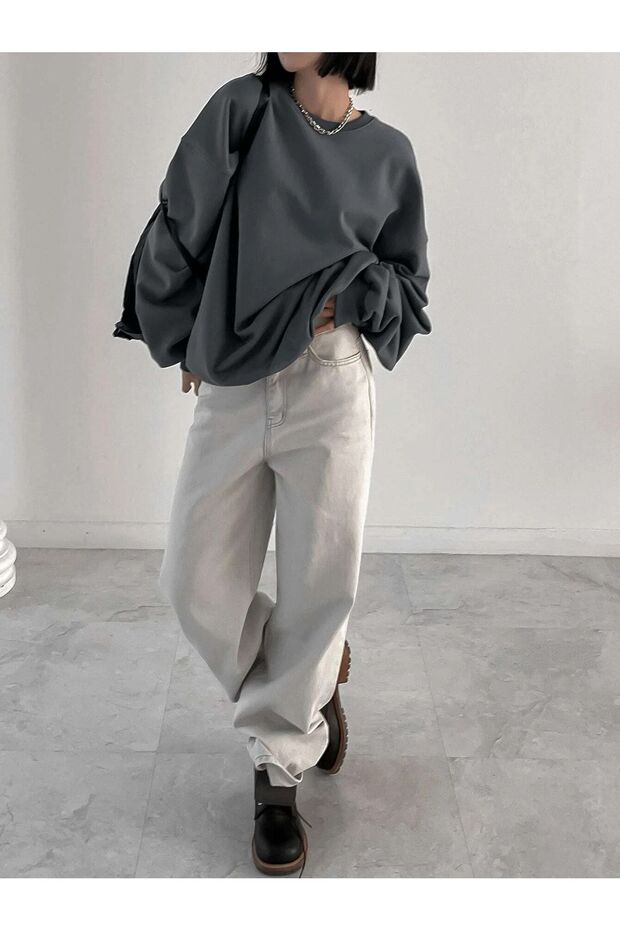Füme Kalın Sweatshirt - Oversize Şardonlu Bisiklet Yaka - 7